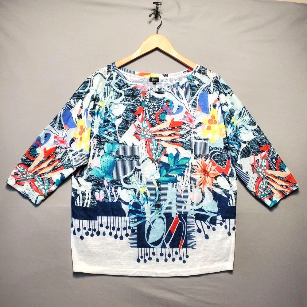 Shana Abstract Botanical Graphic‎ Top Womens M Colorful Artsy Indie Boho Tunic